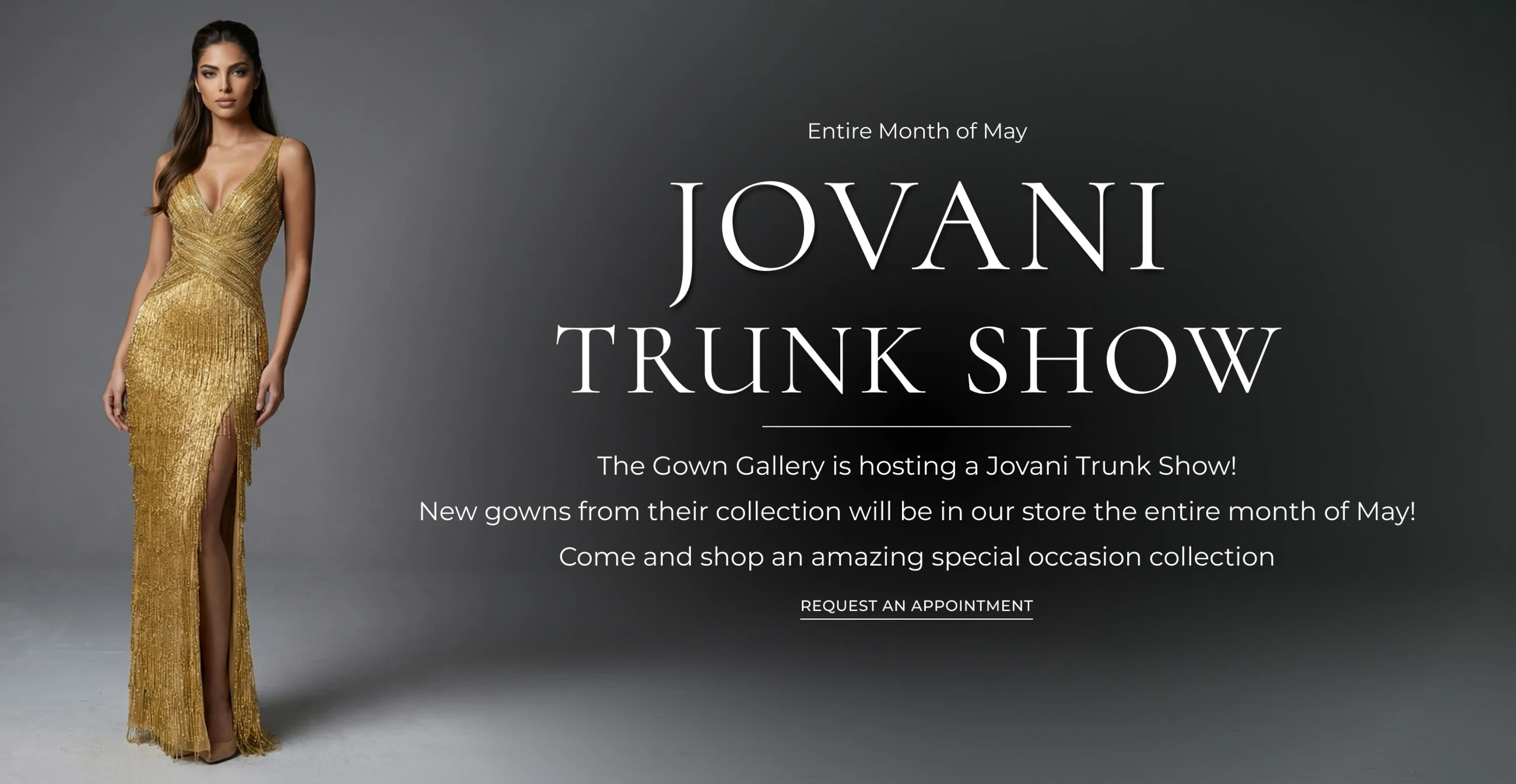 Model wearing Jovani dress, Jovani Trunk Show desktop banner