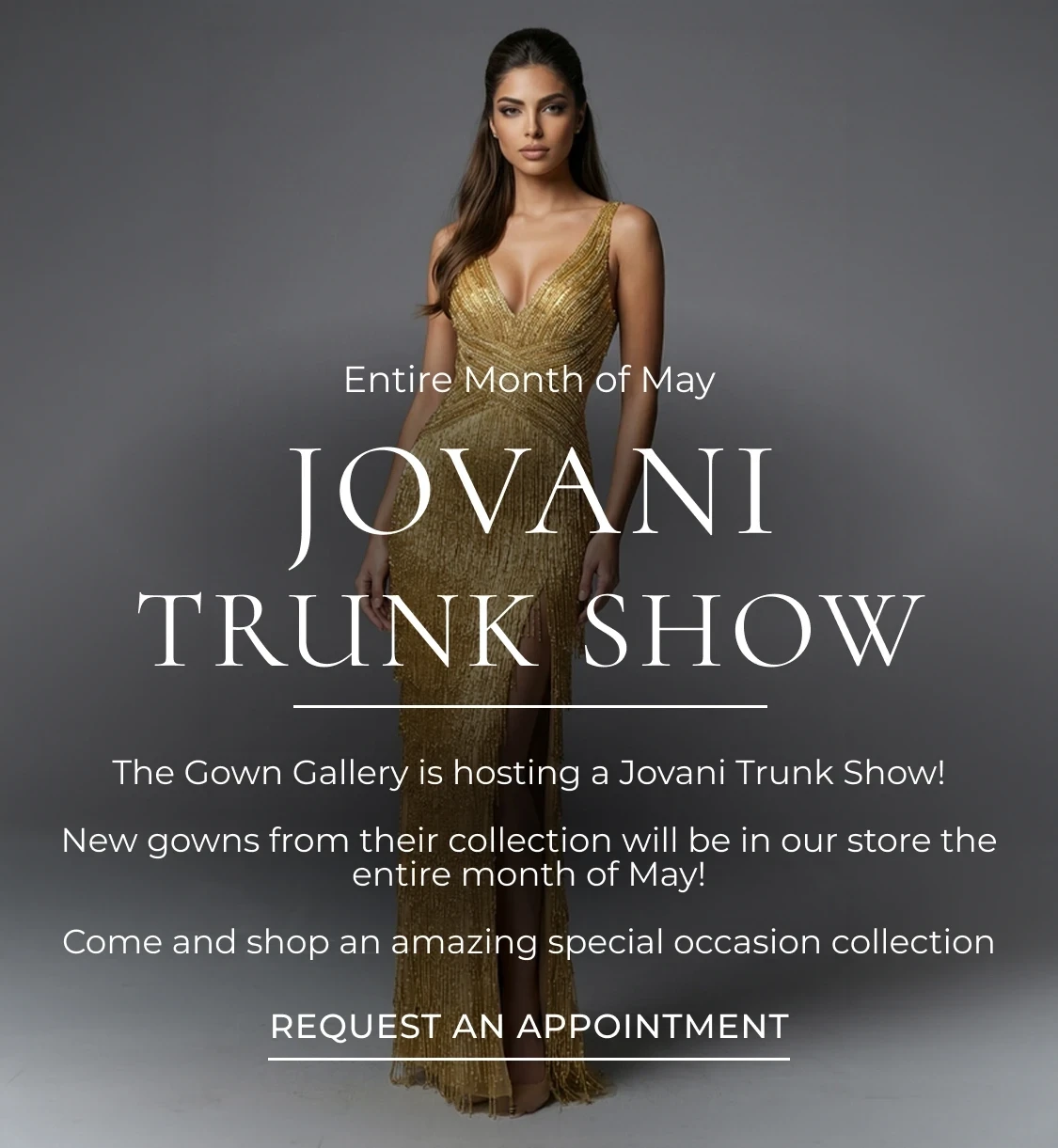 Model wearing Jovani dress, Jovani Trunk Show mobile banner